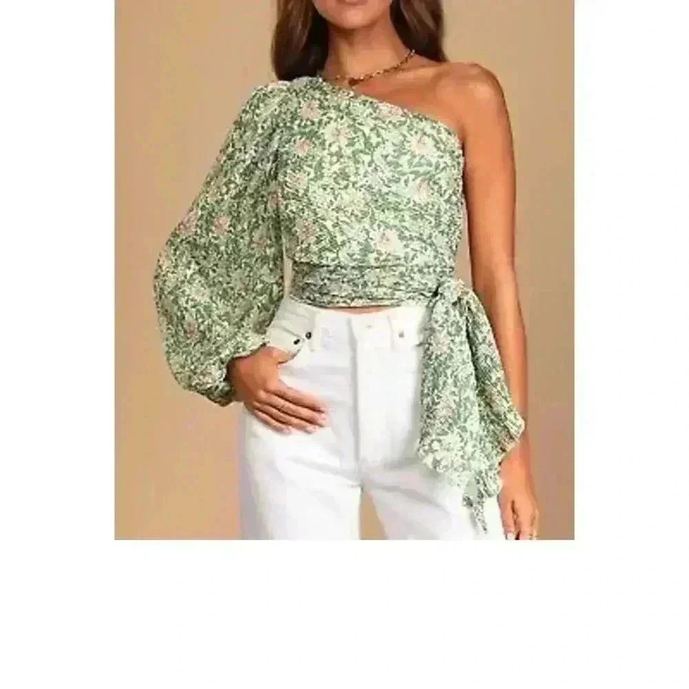 Lulus Grow Toward Love Floral Print Pleated One-Shoulder Top Green Size XL NWOT